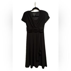 Black Faux-Wrap Midi Dress with Ruched Waist